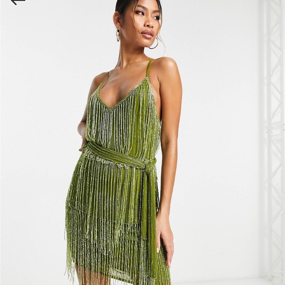 ASOS Design embellished fringe mini dress with tie waist with lime detail - Picture 4 of 9